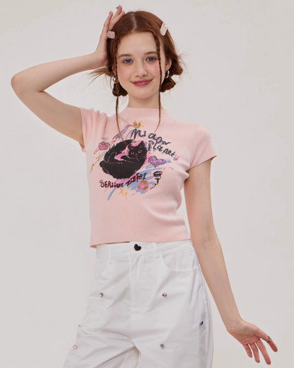 French Cat Mock Neck T-shirt