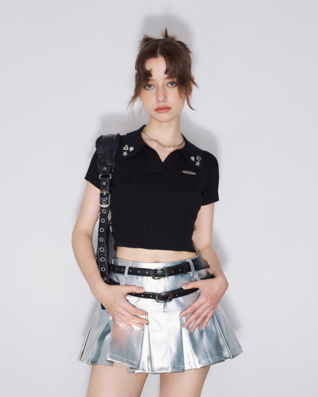 Double Belt Silver Pleated Skirt