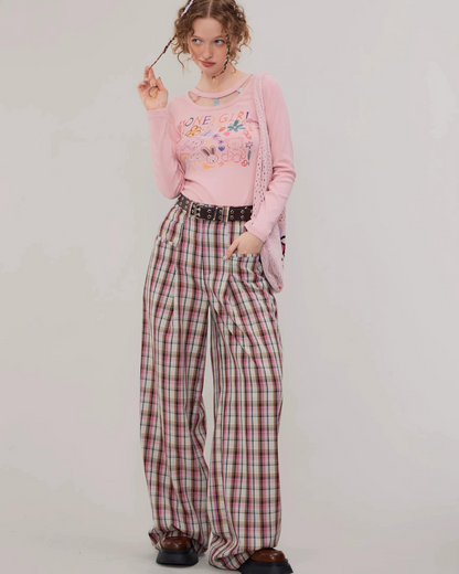 American Pink Plaid Casual Pants