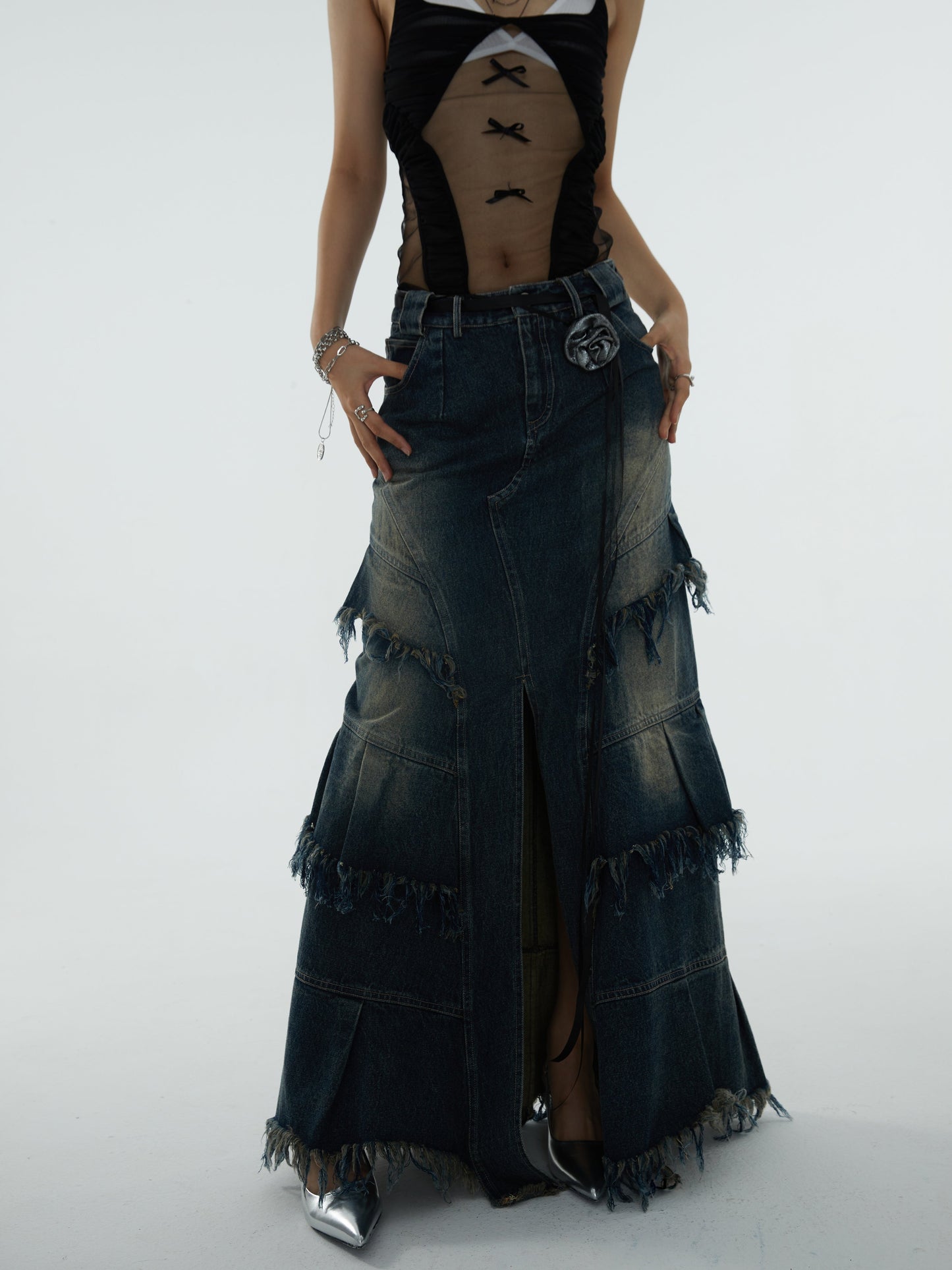 Tassel Design A-Line Denim Maxi Skirt