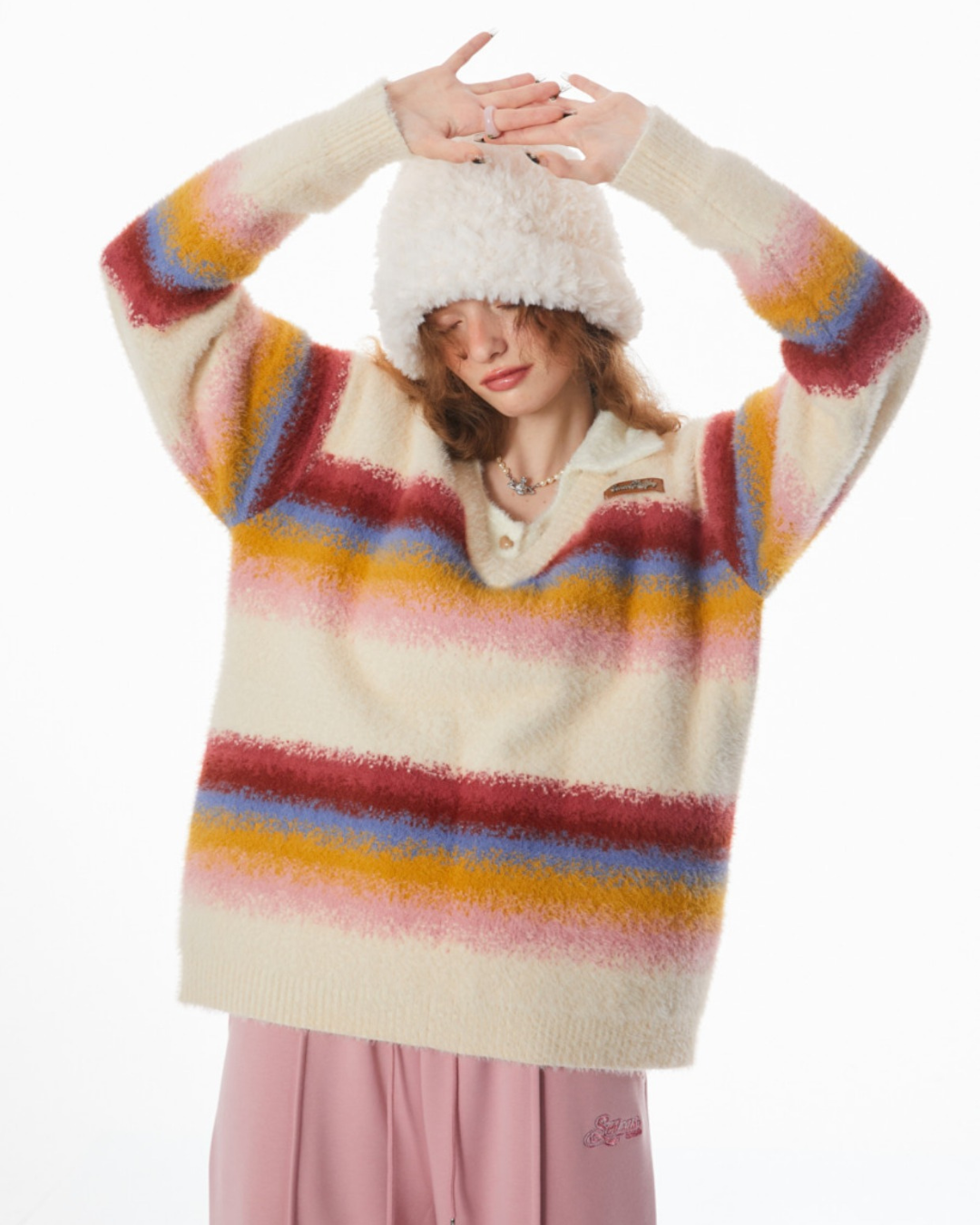 Stitching Rainbow stripes V-neck Sweater