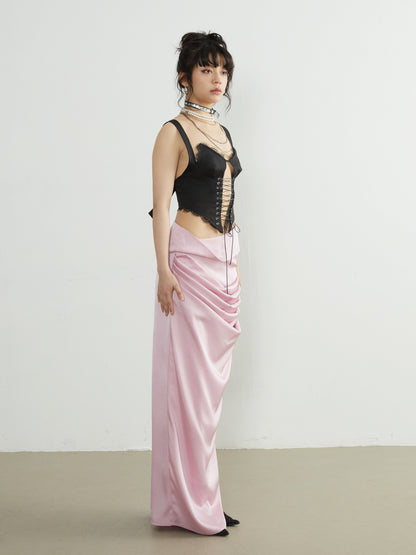 Roll-up waist design long slit skirt