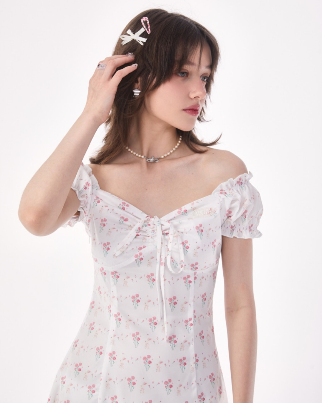 Rose Puff Sleeve Waist Slim Dress