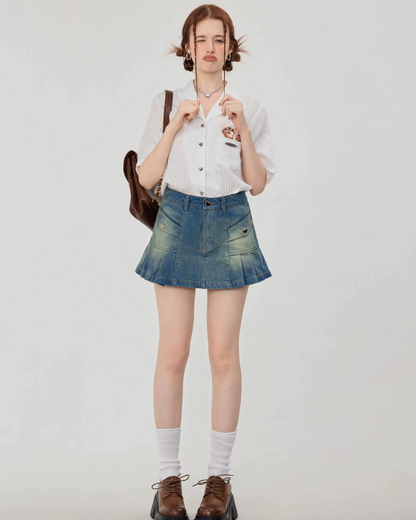 Pleated Denim Mini Skirt