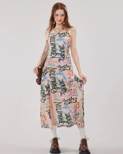 Doodle Design Long Strap Dress