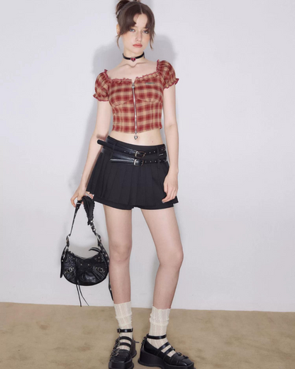 Retro Plaid Off-Shoulder Tops