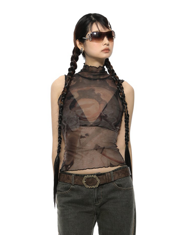 High Neck Sheer Buddha Print Sleeveless