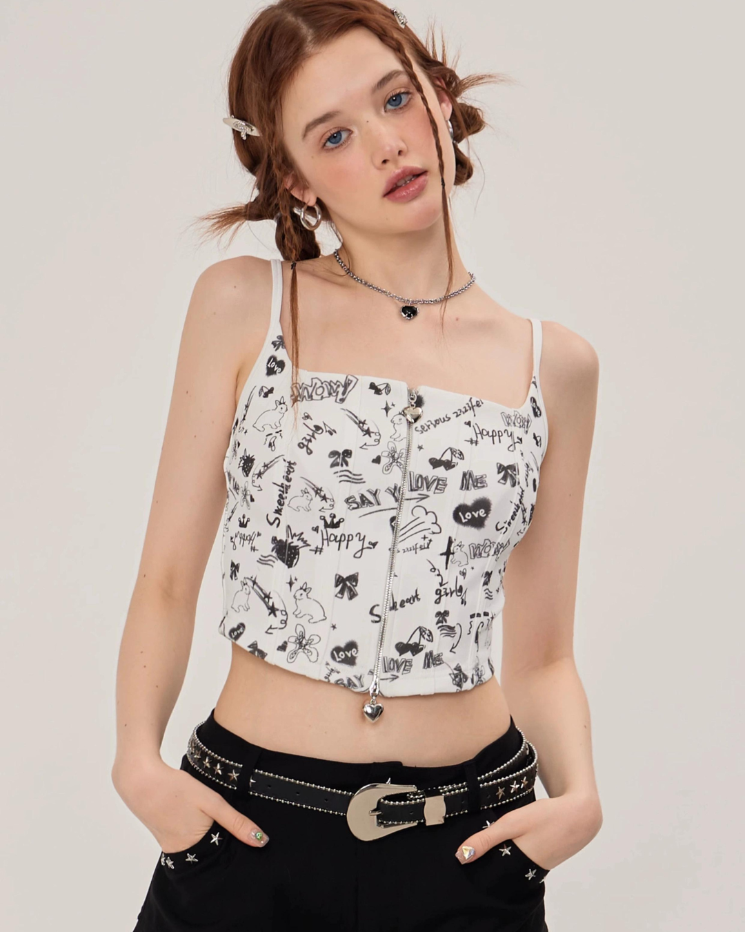 Graffiti Printed Zip Rib Camisole