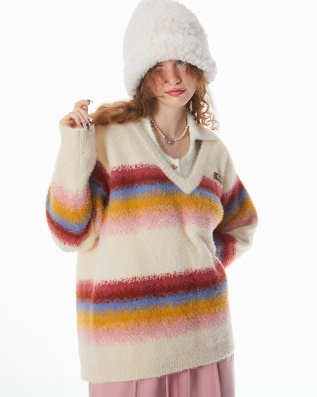 Stitching Rainbow stripes V-neck Sweater