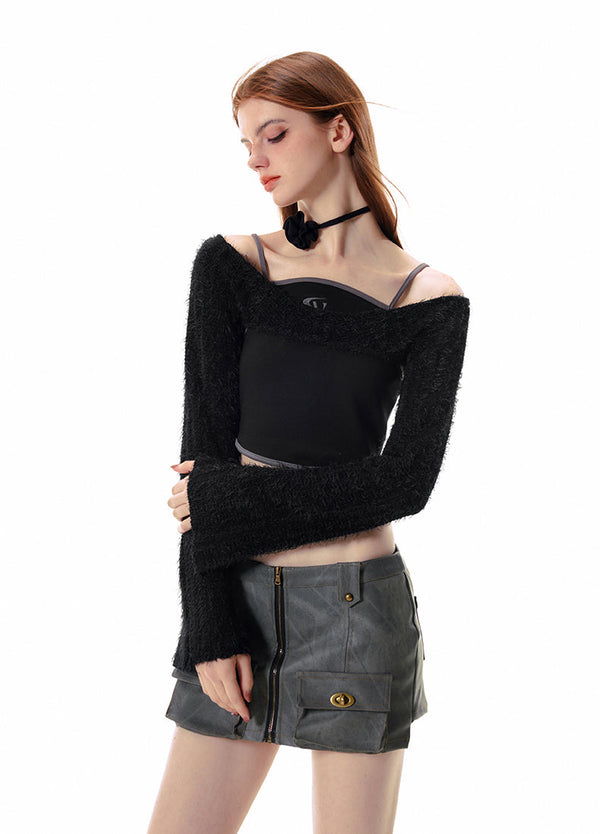 Camisole à logo de couleur contrastée et top court à motifs hirsutes