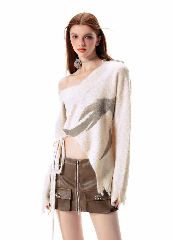 Waist Ribbon Asymmetrical V-Neck Knit