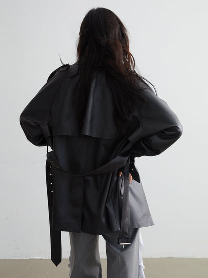 Matte Black Leather Hem Slit Short Jacket