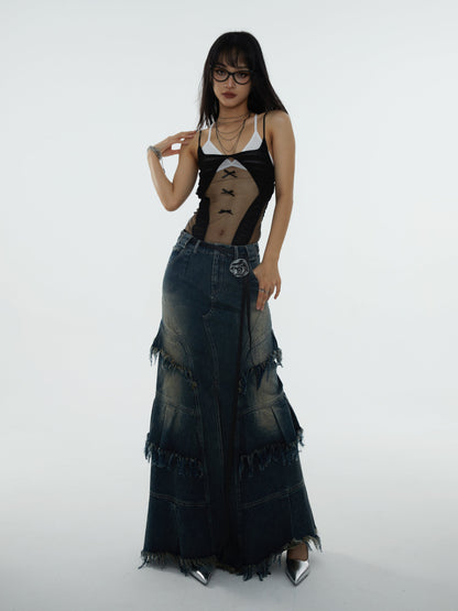 Tassel Design A-Line Denim Maxi Skirt