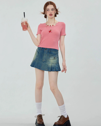 Pleated Denim Mini Skirt