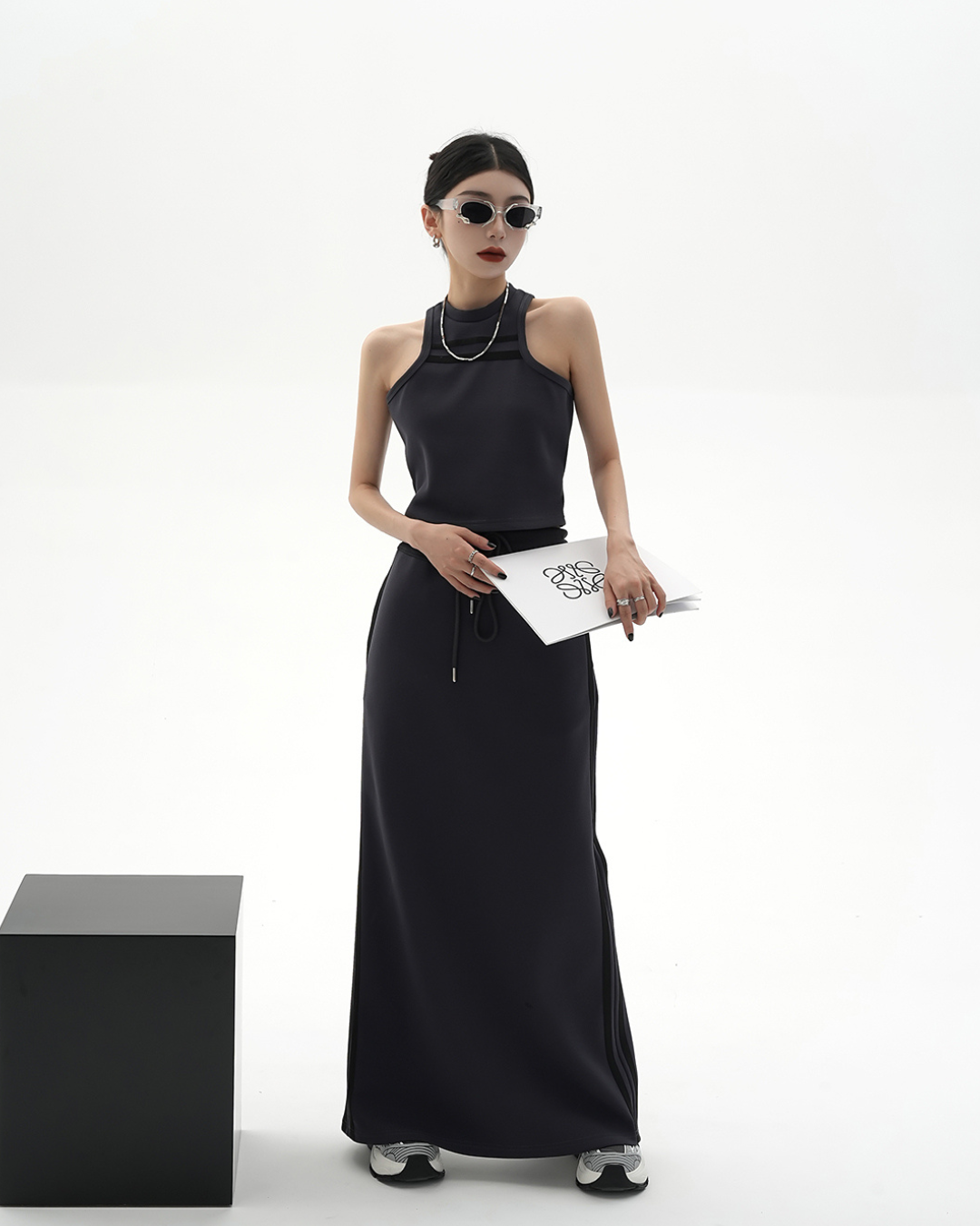 Halter Neck Sleeveless Top & Side Line Skirt