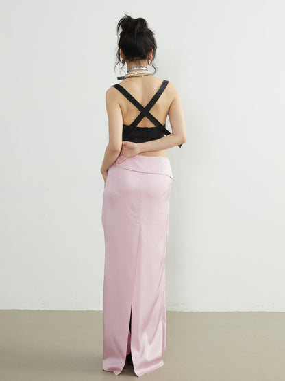 Roll-up waist design long slit skirt
