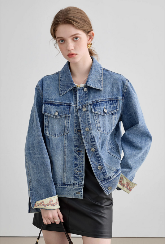 Switched Embroidered Cuff Denim Jacket