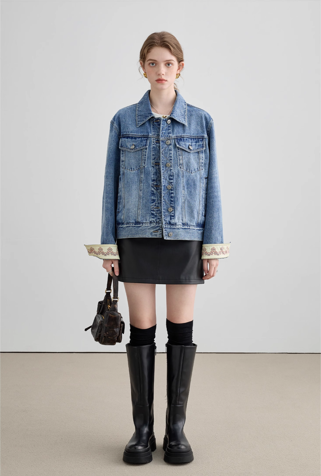 Switched Embroidered Cuff Denim Jacket