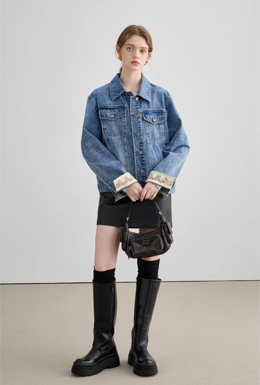 Switched Embroidered Cuff Denim Jacket