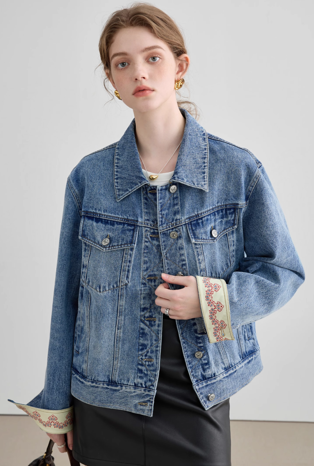 Switched Embroidered Cuff Denim Jacket