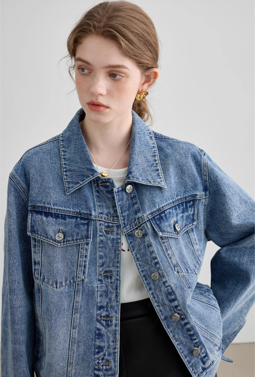 Switched Embroidered Cuff Denim Jacket