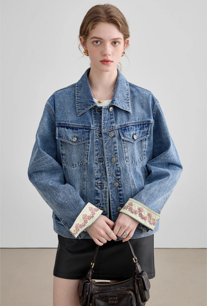 Switched Embroidered Cuff Denim Jacket