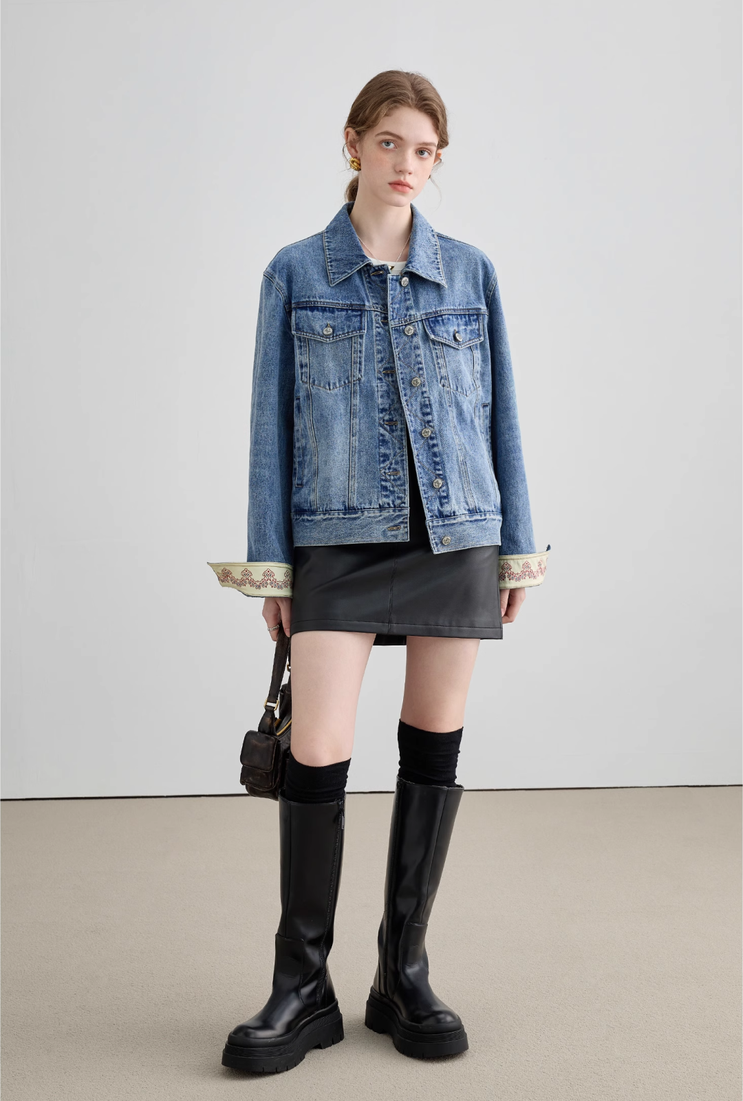 Switched Embroidered Cuff Denim Jacket