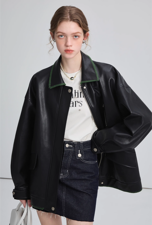 Green Stitched Drop Shoulder Leather Jacket