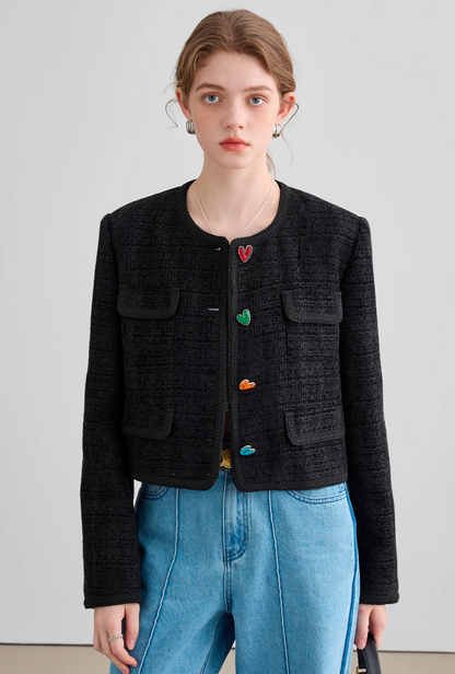 Colorful Button Black Tweed Jacket