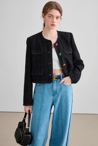 Colorful Button Black Tweed Jacket