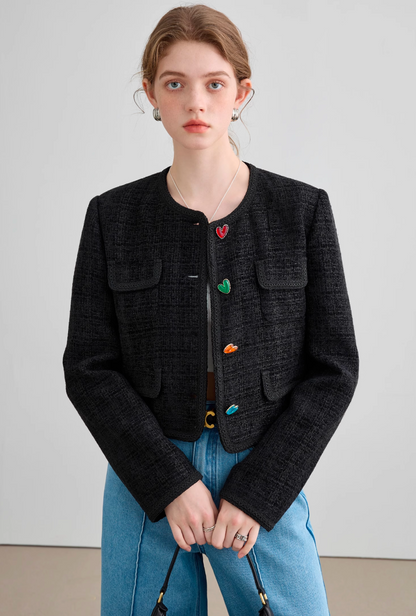 Colorful Button Black Tweed Jacket