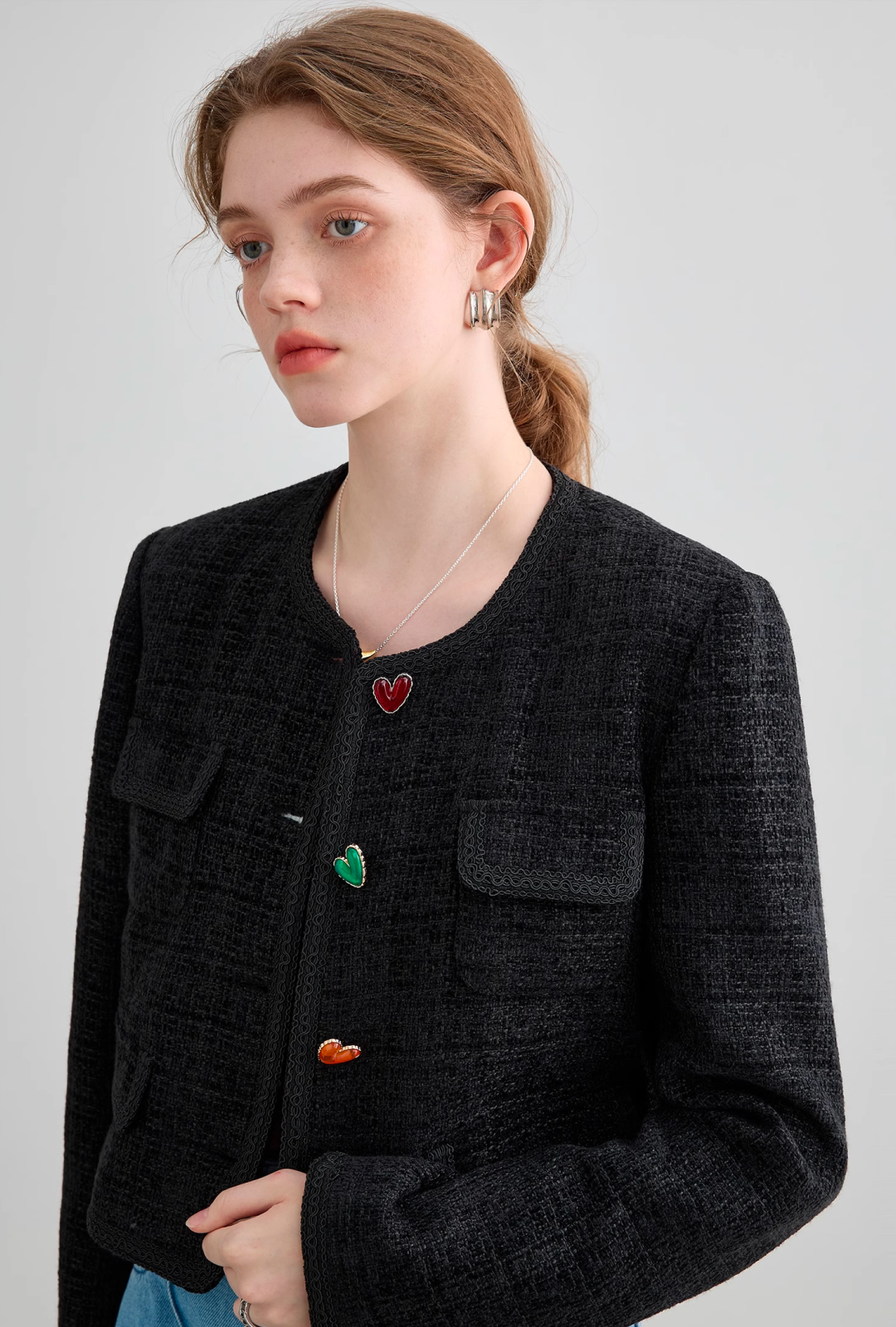 Colorful Button Black Tweed Jacket