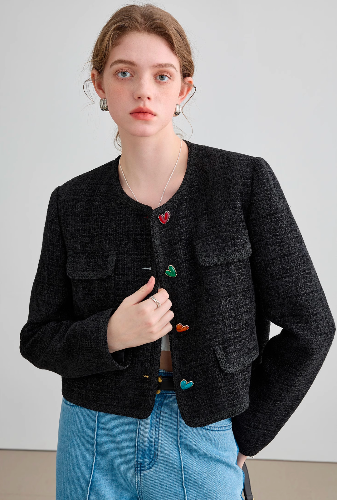 Colorful Button Black Tweed Jacket