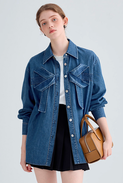 Front big ribbon denim shirt