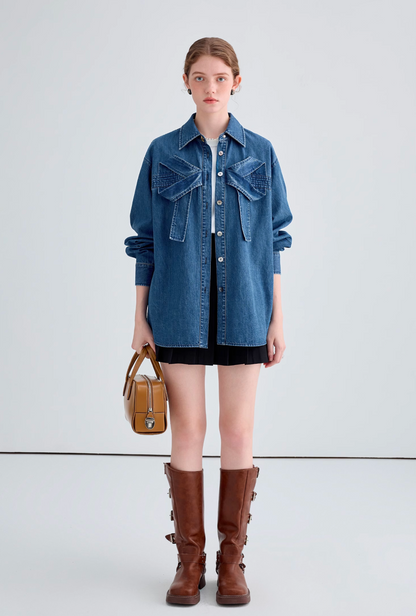 Front big ribbon denim shirt