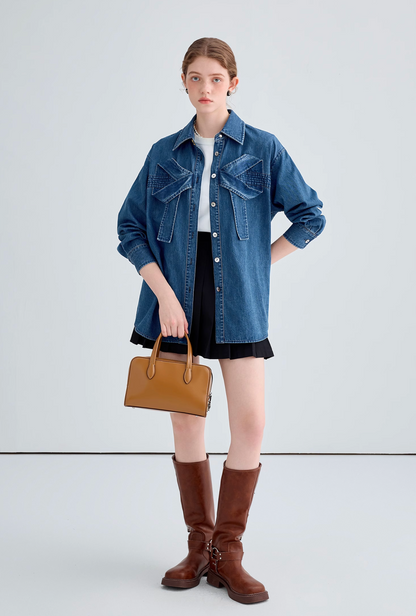 Front big ribbon denim shirt