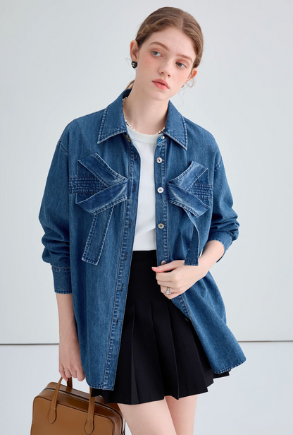 Front big ribbon denim shirt