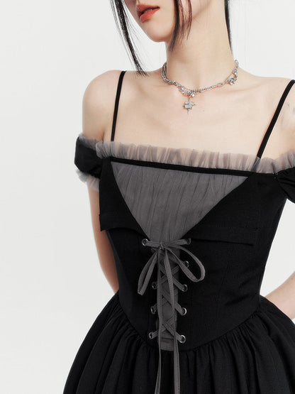 Lace-up layered tulle dress