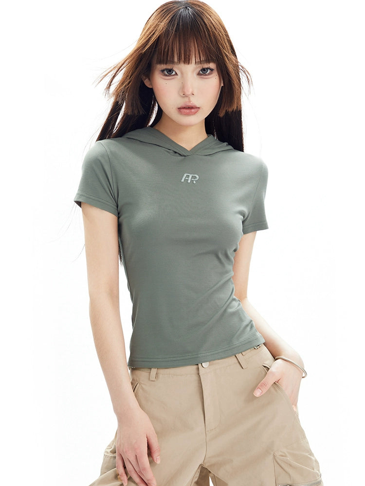 Embroidery Hooded Short Fit T-shirt