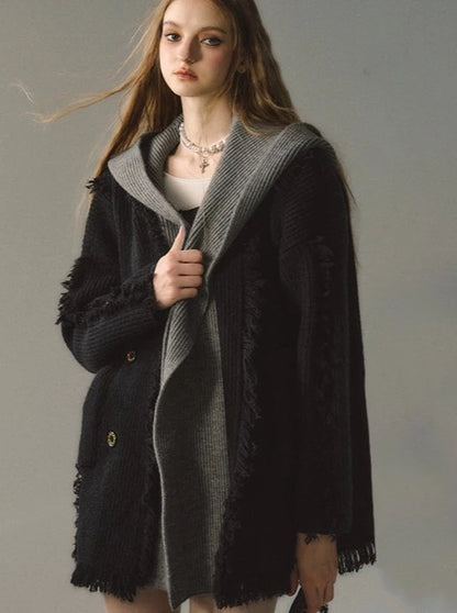 hooded detachable whiskered cardigan jacket