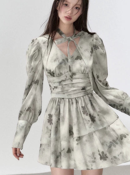 V-neck large floral waist long sleeve dress
