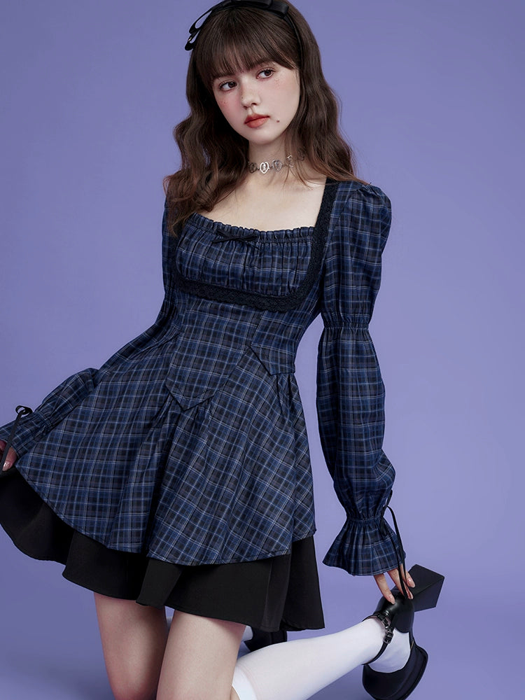 Dark Blue Grid Long Sleeve Slim Dress