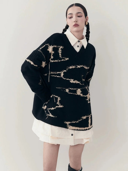 V-Ausschnitt stricke locker sitzende Pullover-Oberseite
