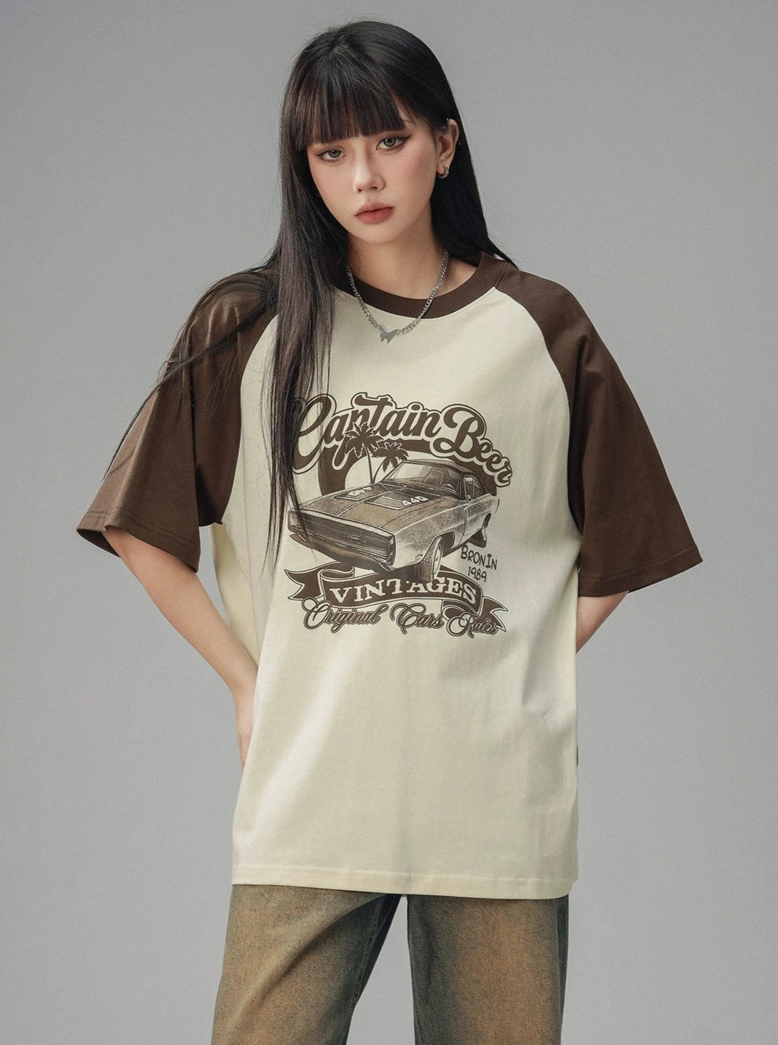 Retro Car Raglan Sleeve Short Sleeve Top