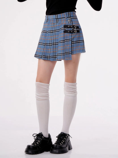 High waist pleated tweed plaid Skirt