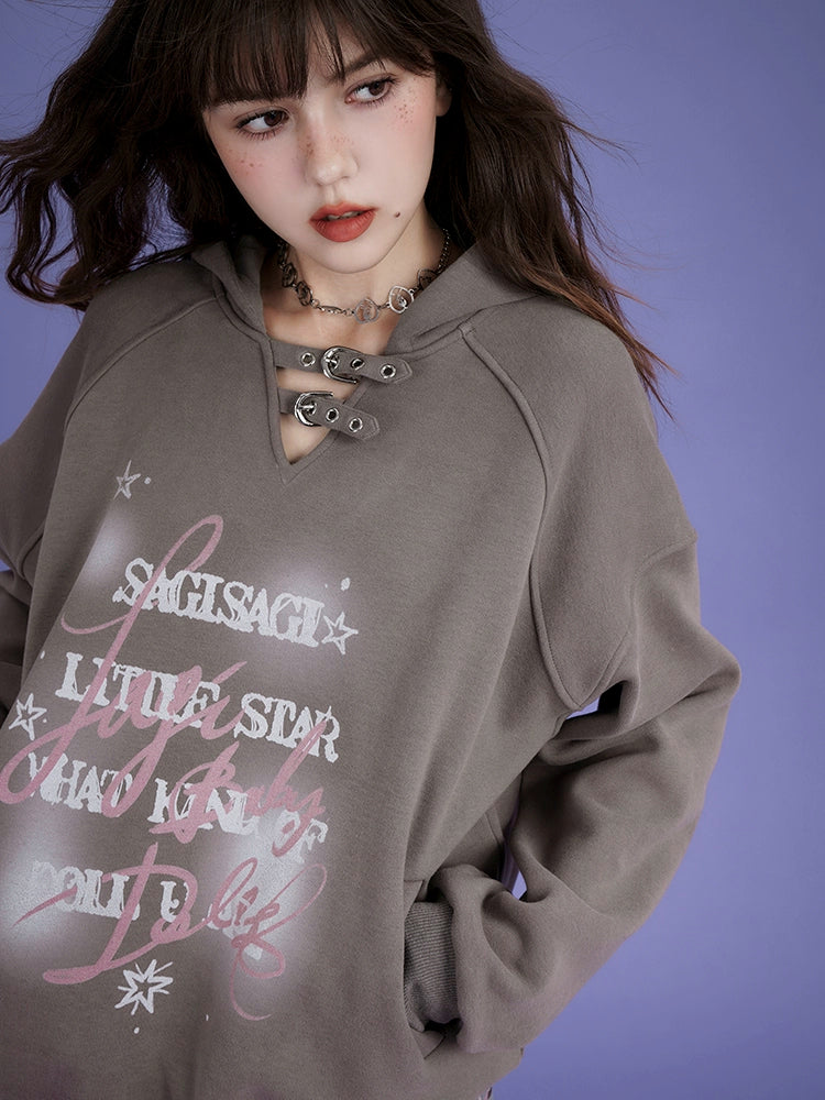 Letter print pullover hooded and suede thick coat