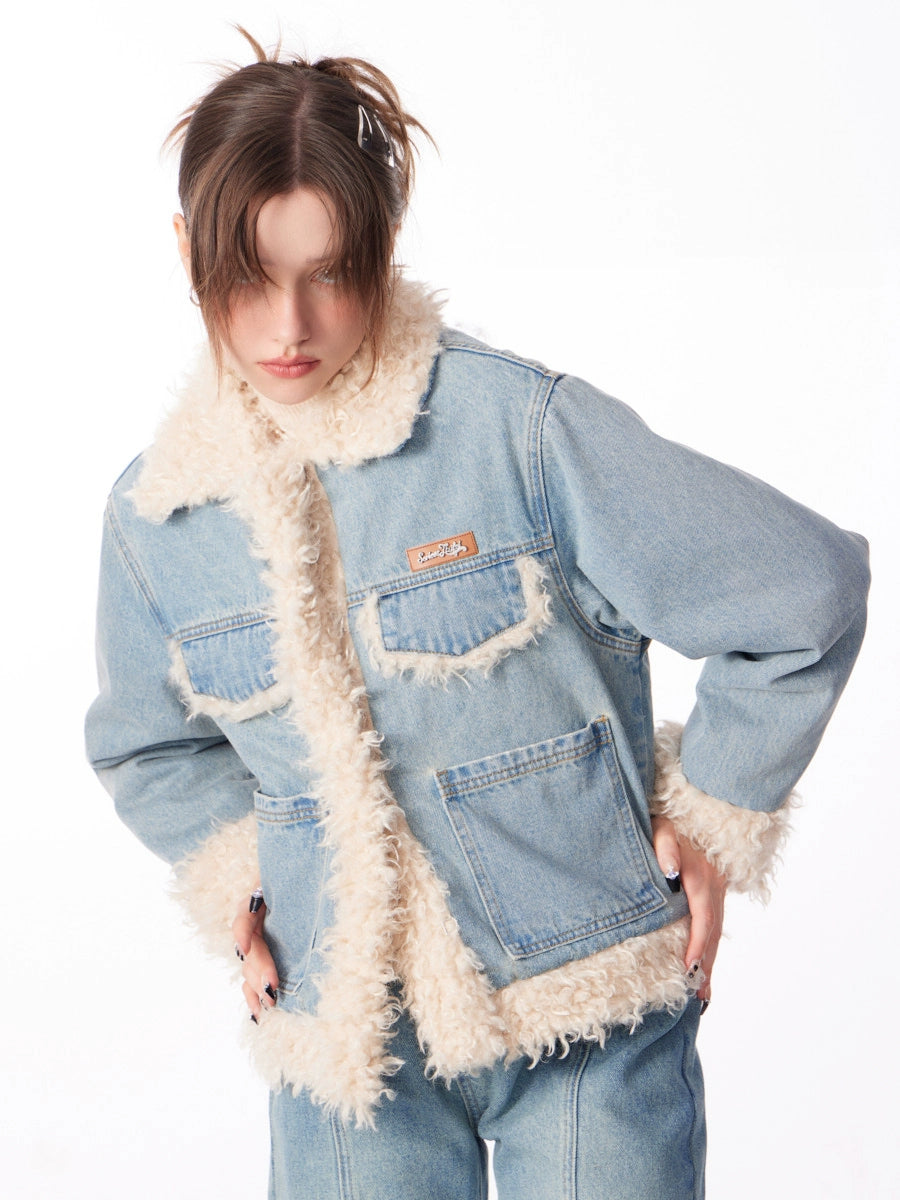 American thickened cotton denim lamb wool coat