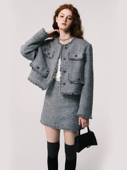 Tweed coat high waist skirt set