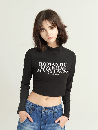 Turtleneck letters long sleeves crop tops