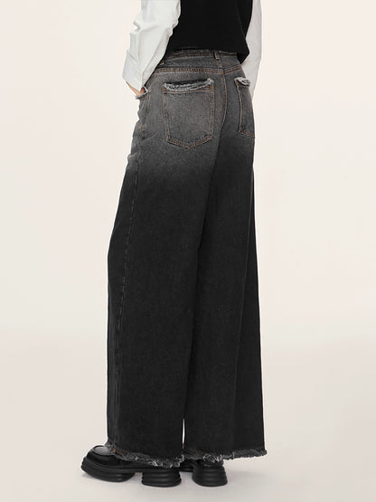 Raw Edge Gradient Wide-Leg Jeans Pants